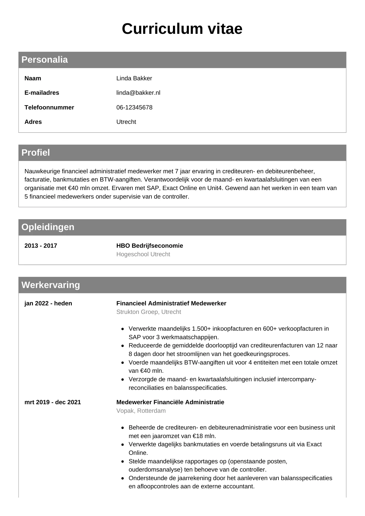 CV Klassiek voor financieel administratief medewerker