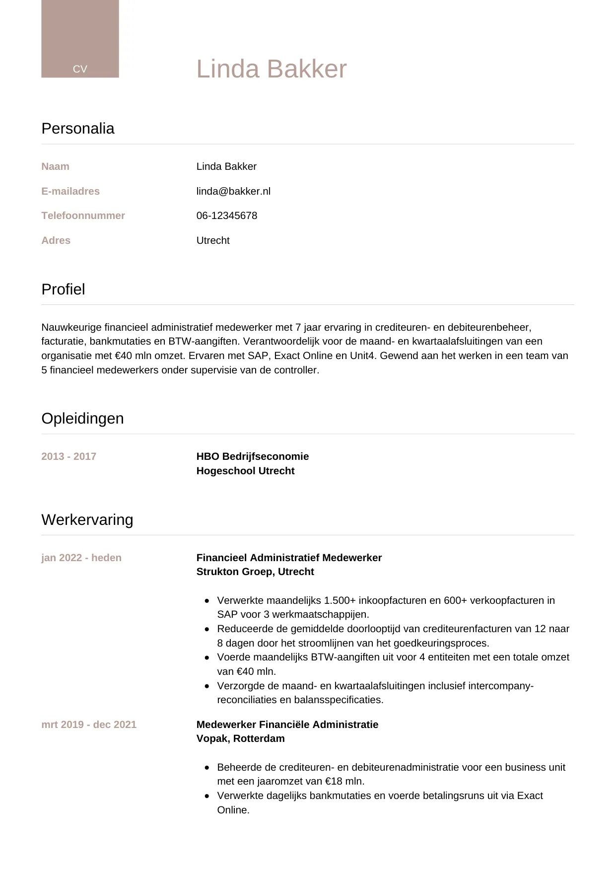 CV Luxe voor financieel administratief medewerker
