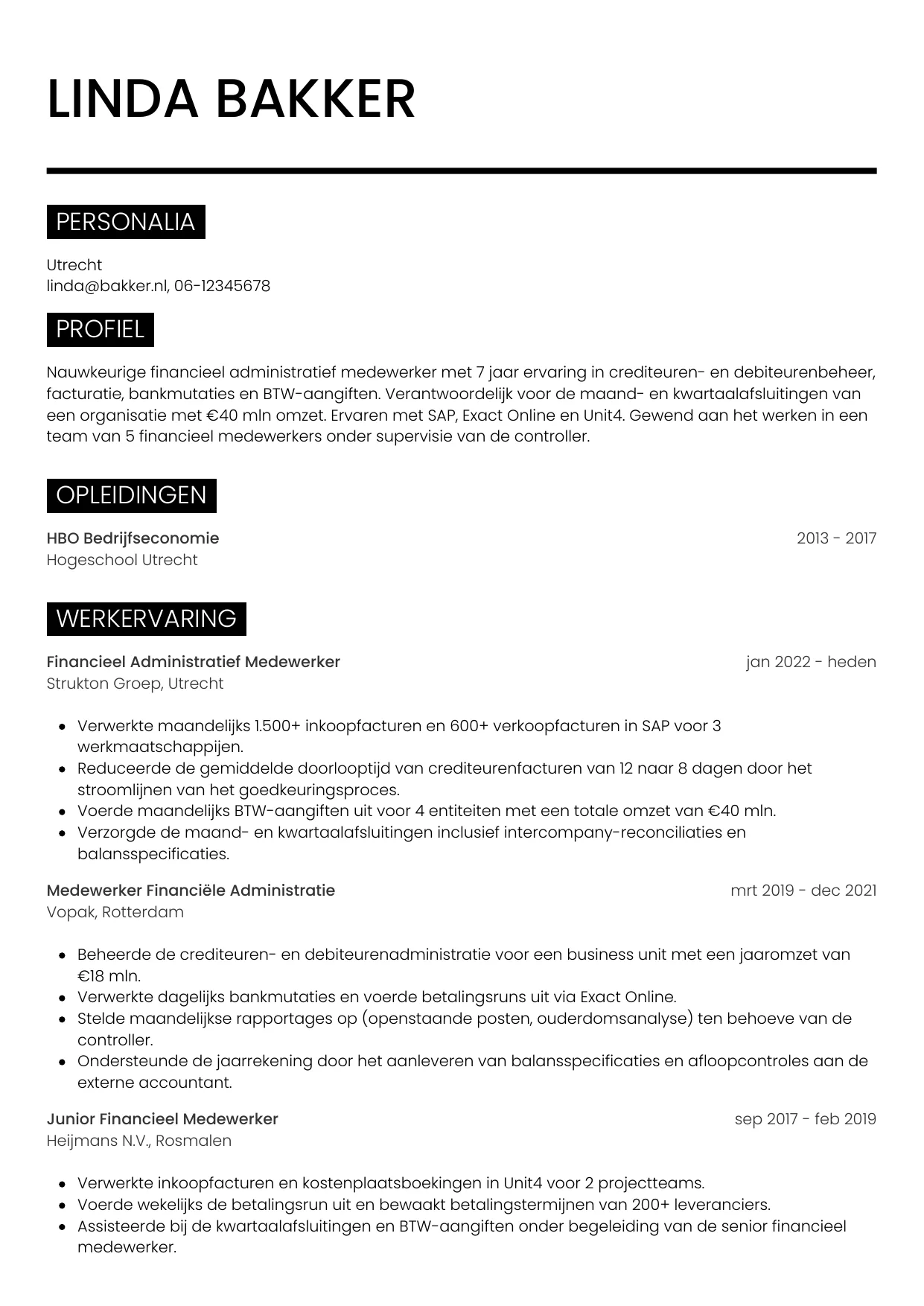 CV Metro voor financieel administratief medewerker