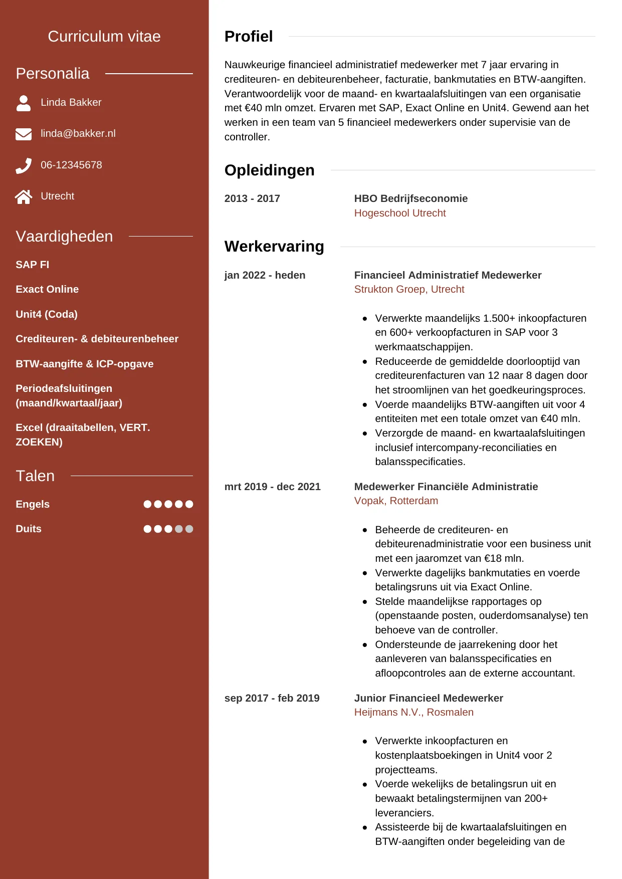 CV Modern voor financieel administratief medewerker