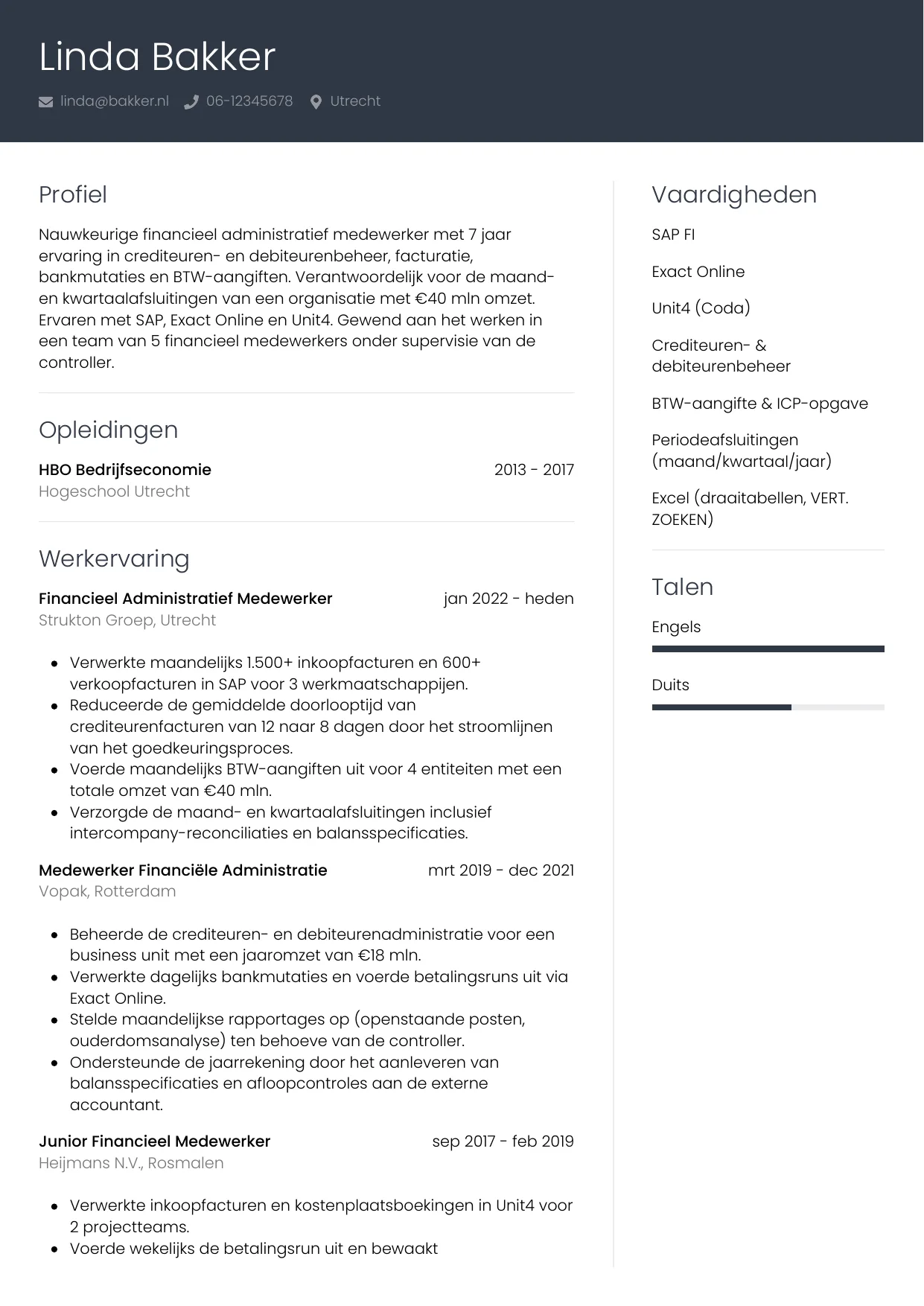 CV Professioneel voor financieel administratief medewerker