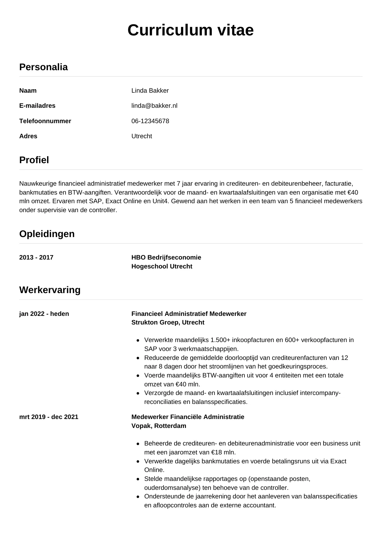 CV Simpel voor financieel administratief medewerker