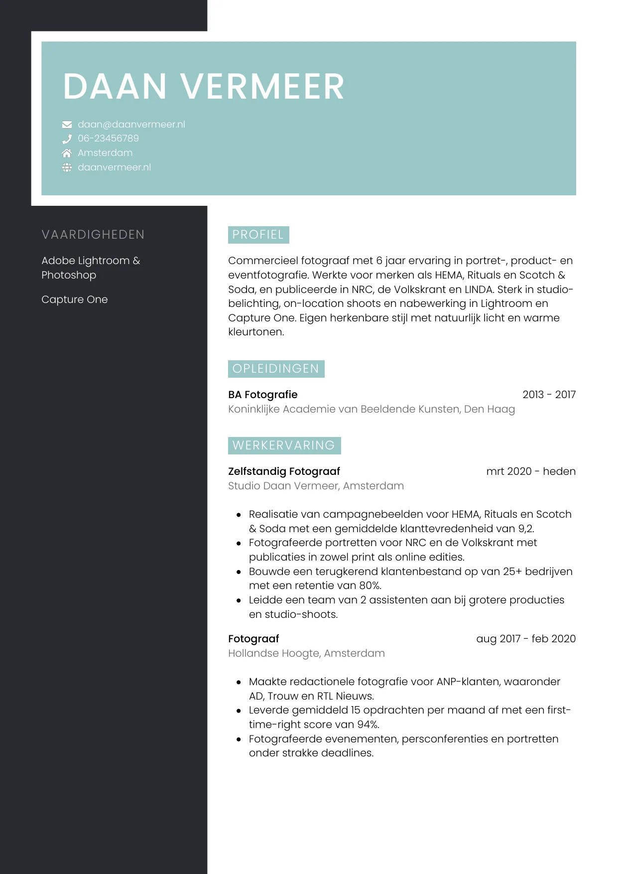 CV Elegant voor fotograaf