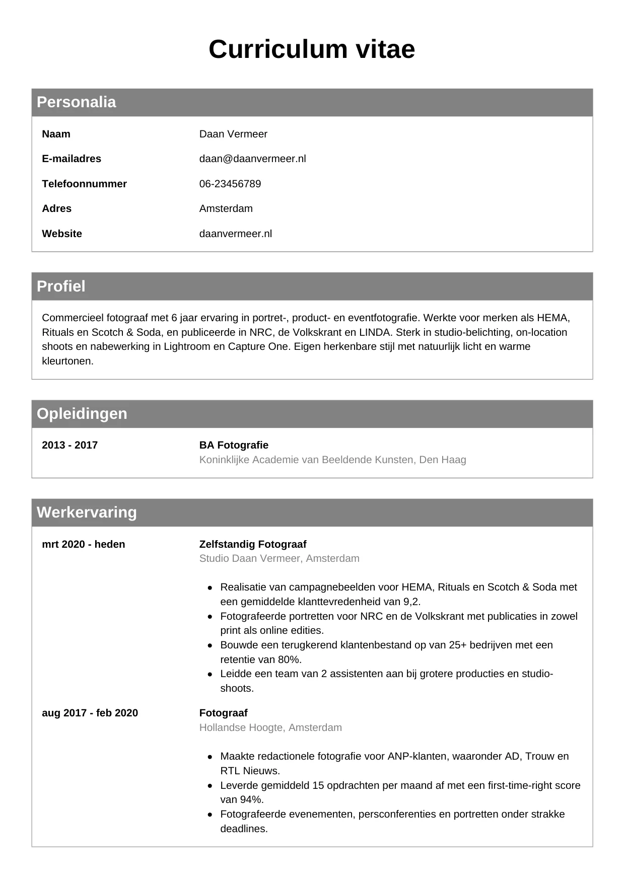 CV Klassiek voor fotograaf