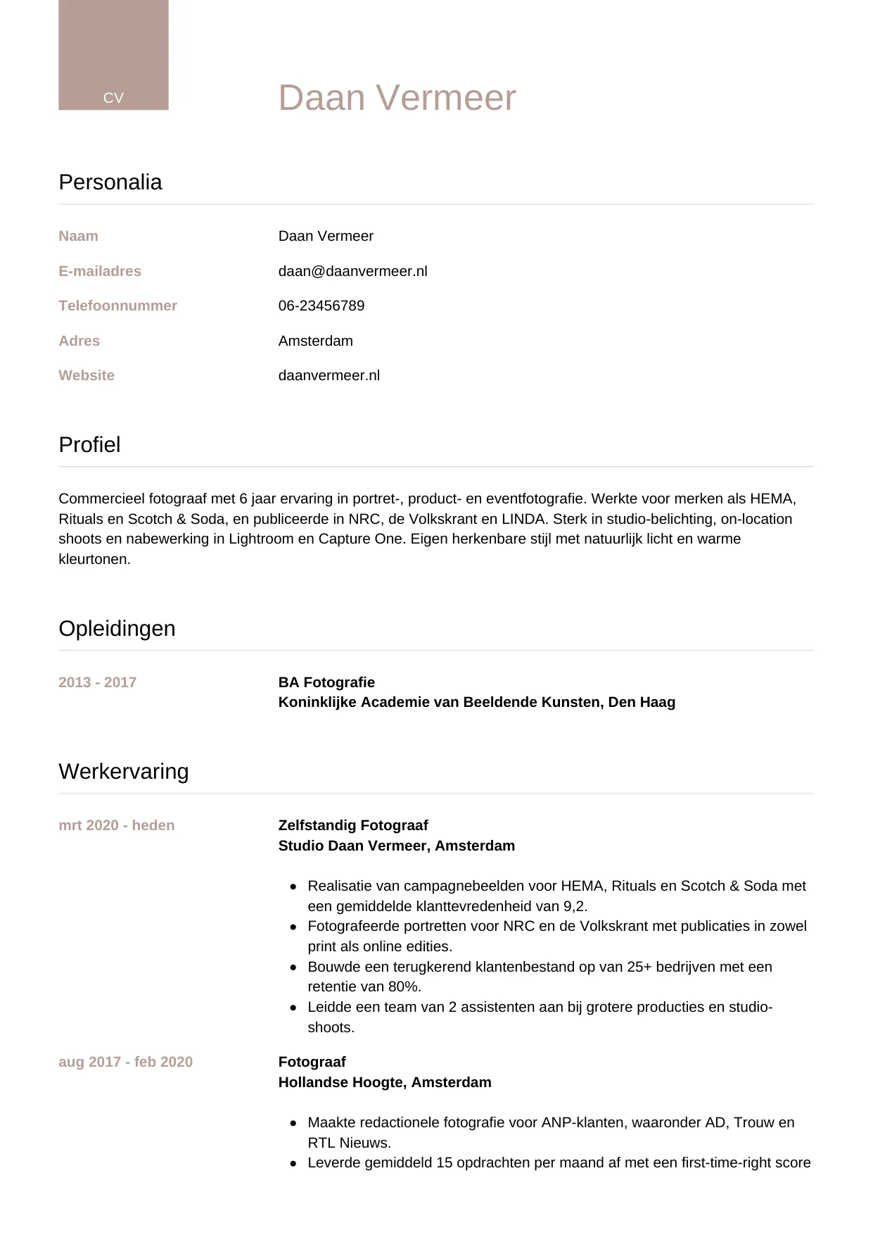 CV Luxe voor fotograaf