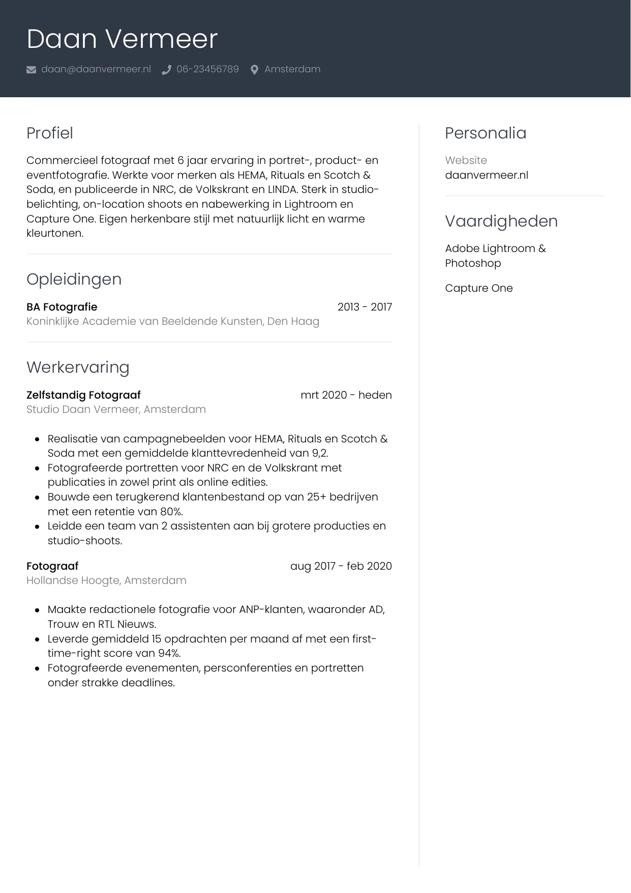 CV Professioneel voor fotograaf