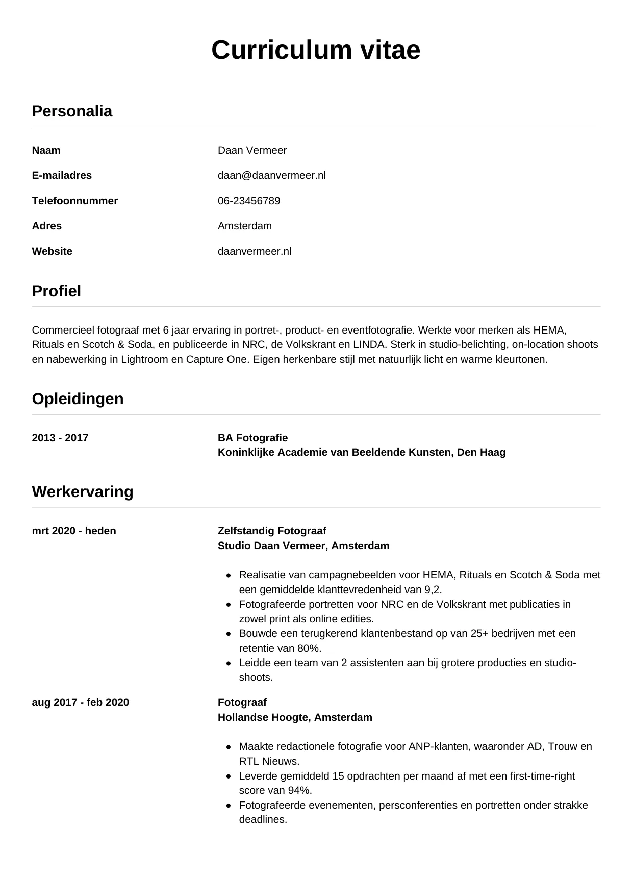 CV Simpel voor fotograaf