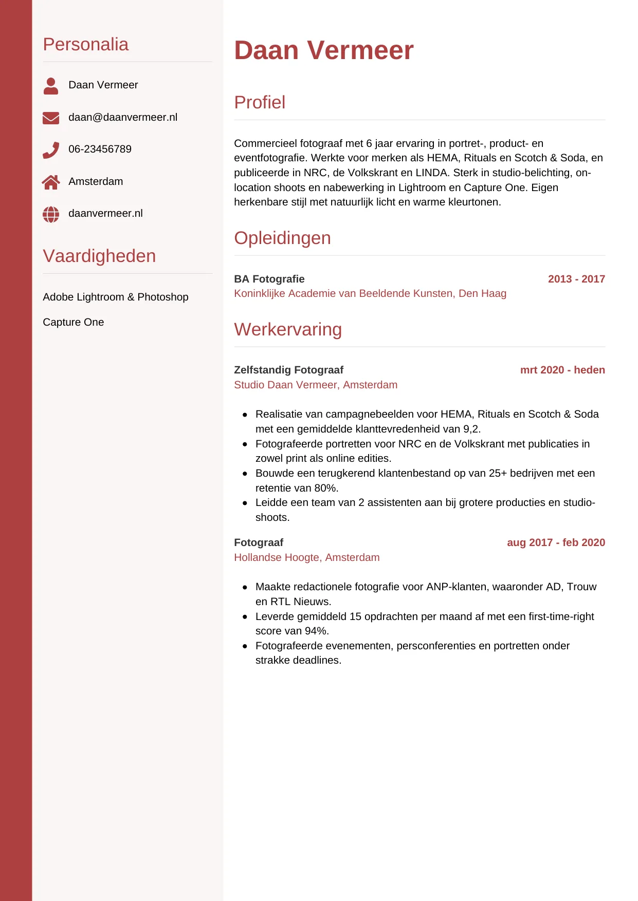 CV Verticaal voor fotograaf