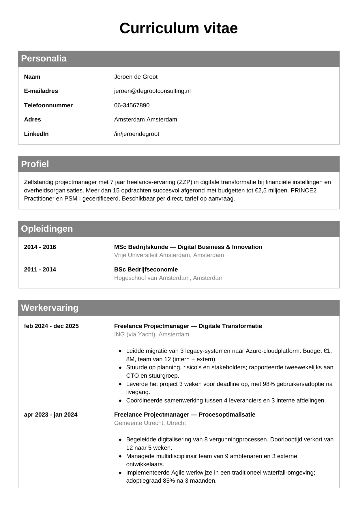 CV Klassiek voor freelancer