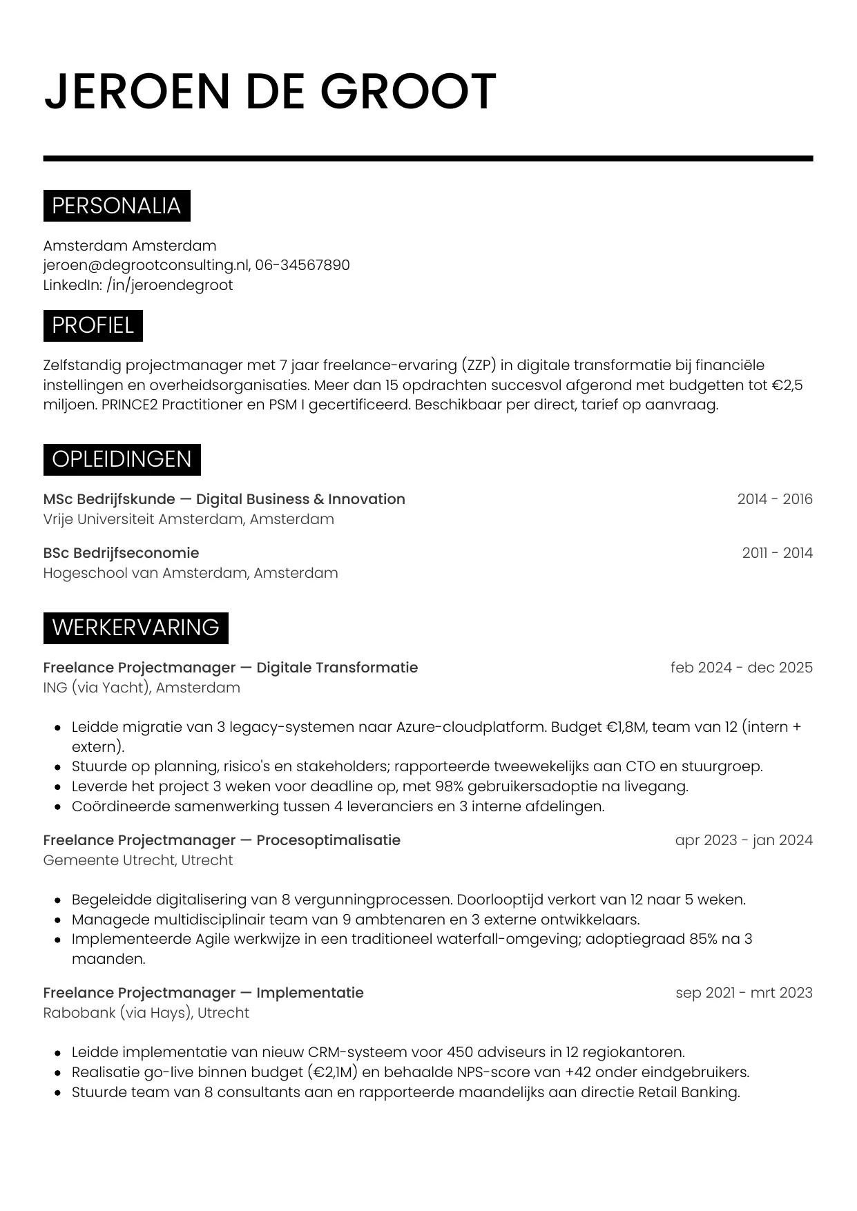 CV Metro voor freelancer