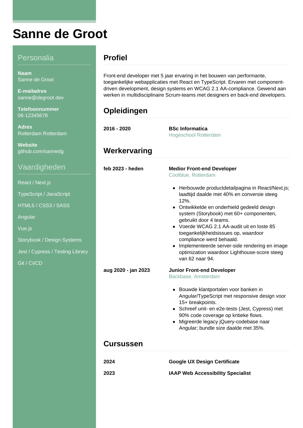 Voorbeeld CV voor front-end developer in template Casual. CV Casual voor front-end developer