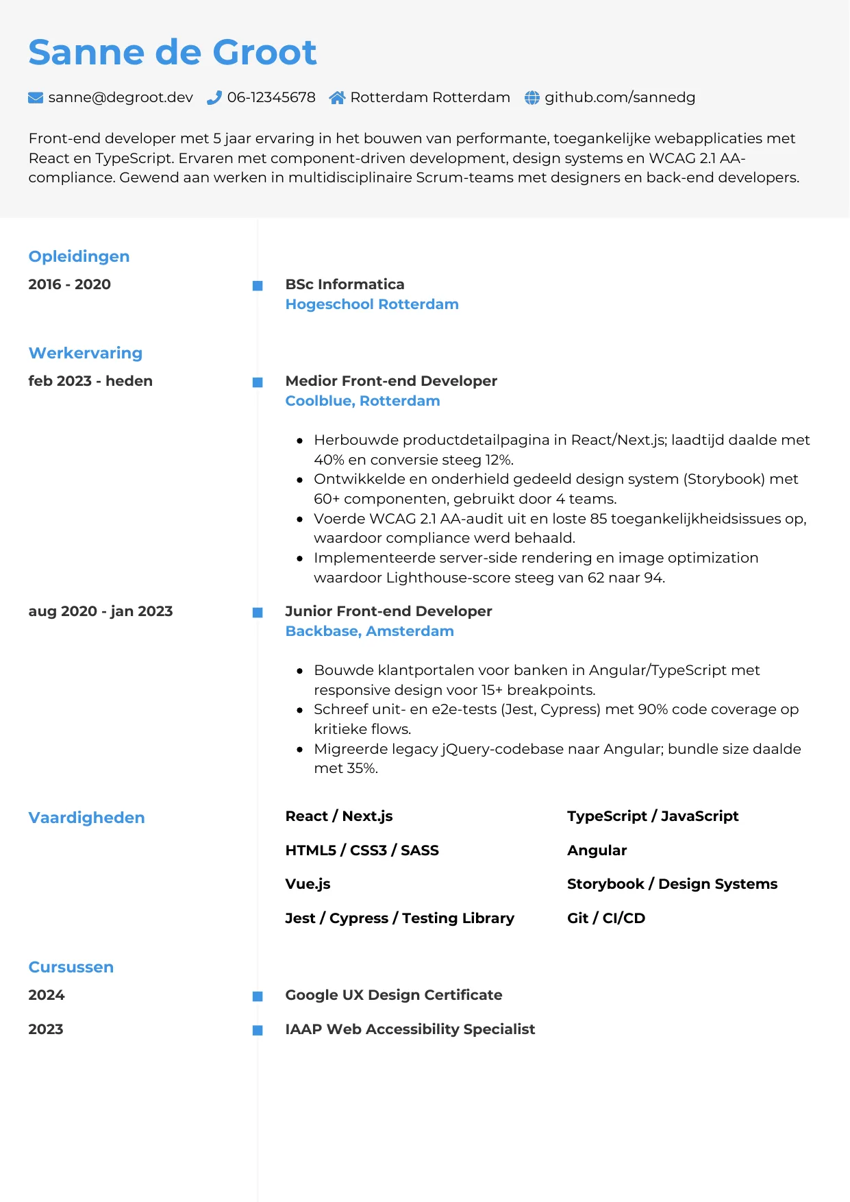 Voorbeeld CV voor front-end developer in template Chrono. CV Chrono voor front-end developer