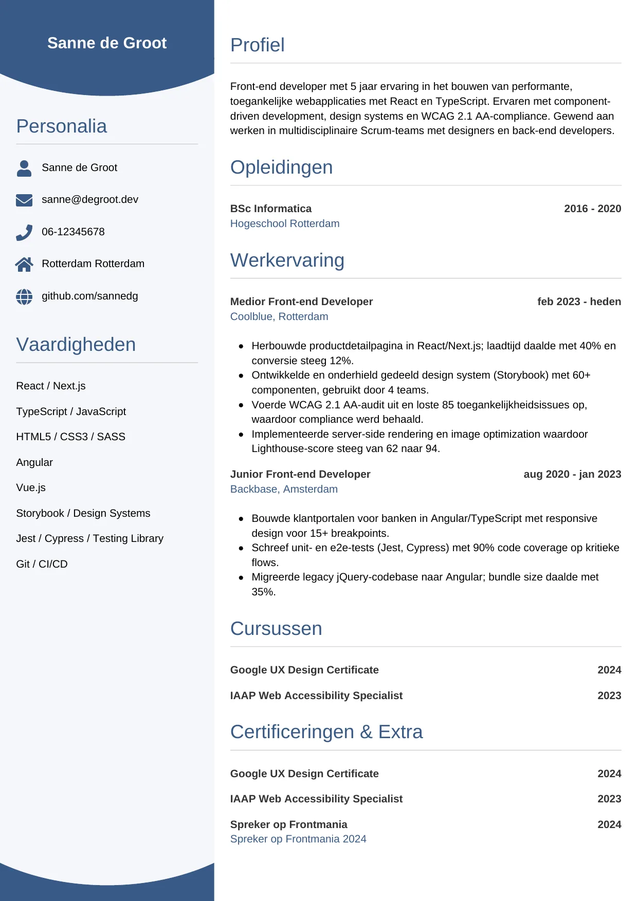 Voorbeeld CV voor front-end developer in template Circulair. CV Circulair voor front-end developer