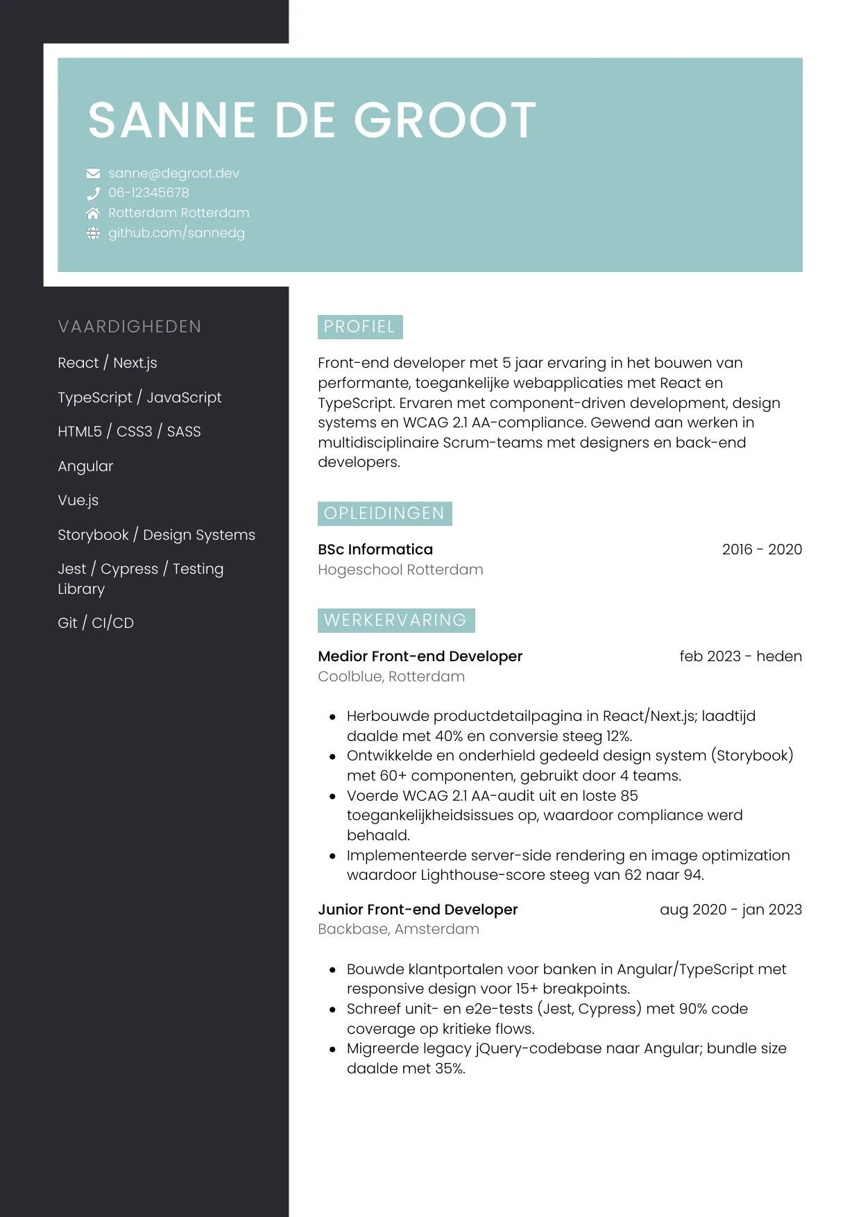 Voorbeeld CV voor front-end developer in template Elegant. CV Elegant voor front-end developer