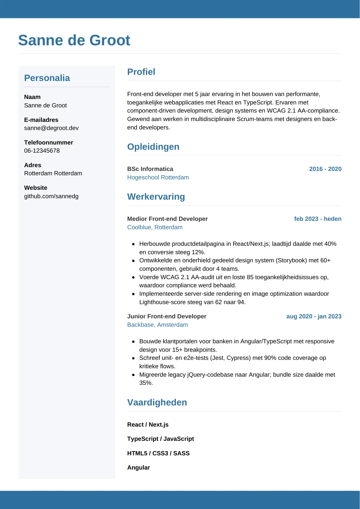Voorbeeld CV voor front-end developer in template Horizontaal. CV Horizontaal voor front-end developer