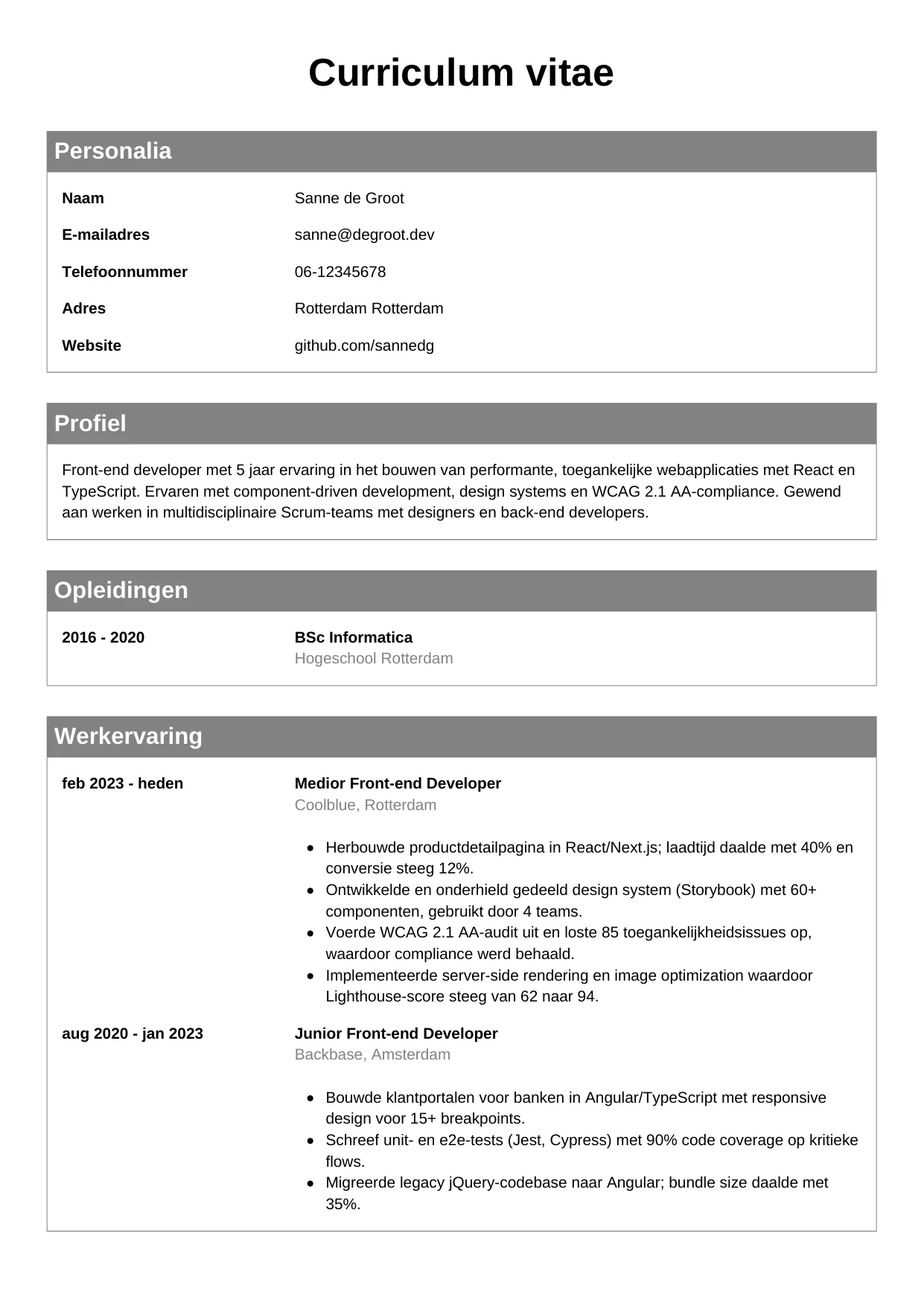 Voorbeeld CV voor front-end developer in template Klassiek. CV Klassiek voor front-end developer