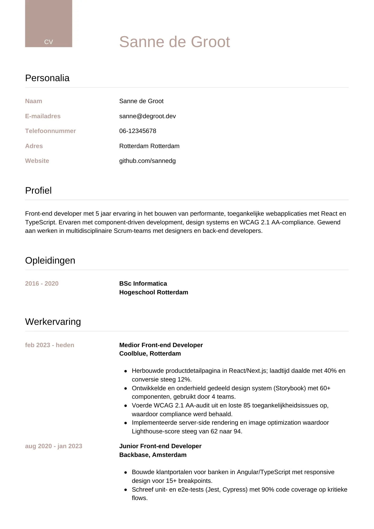 Voorbeeld CV voor front-end developer in template Luxe. CV Luxe voor front-end developer