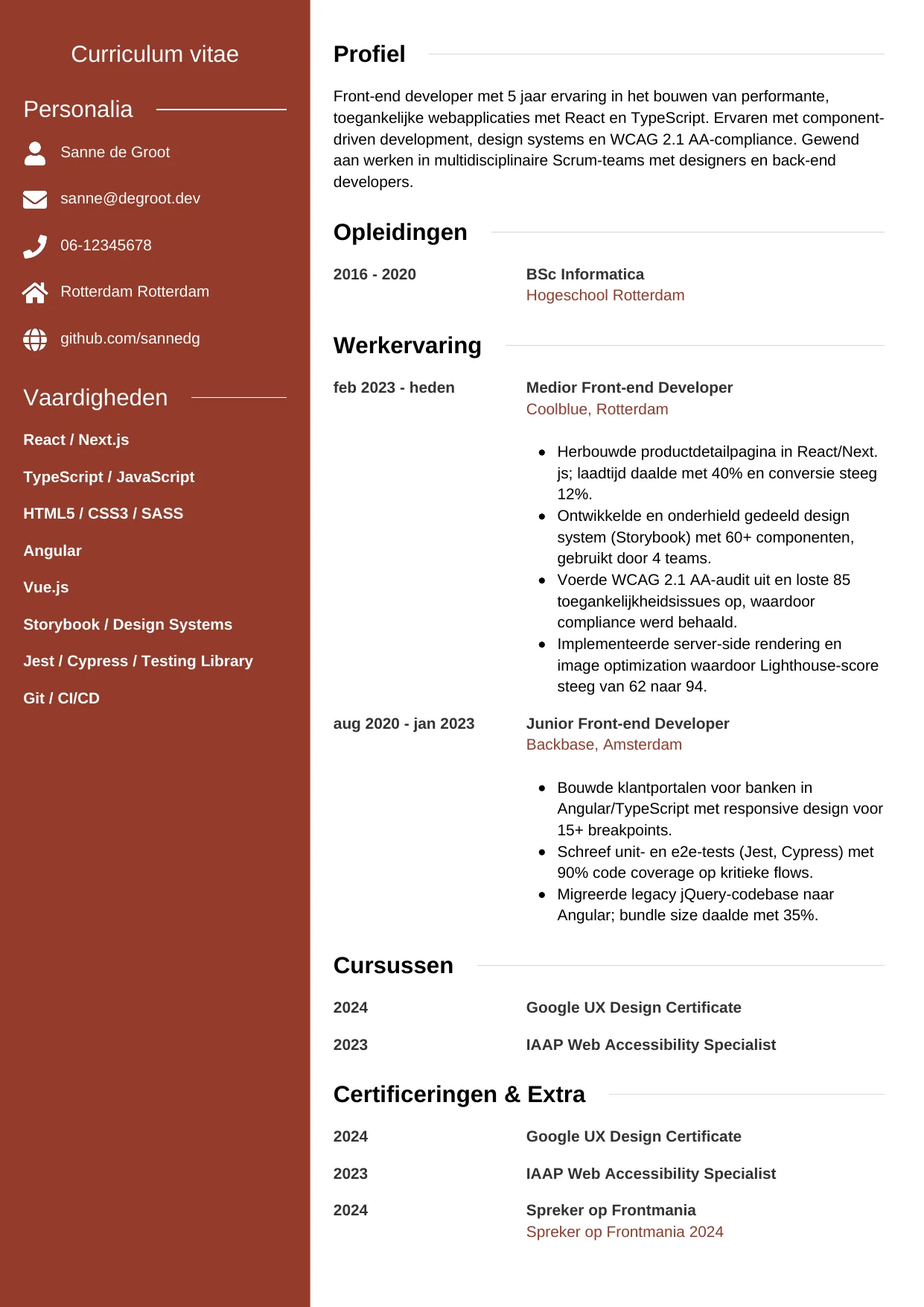 Voorbeeld CV voor front-end developer in template Modern. CV Modern voor front-end developer