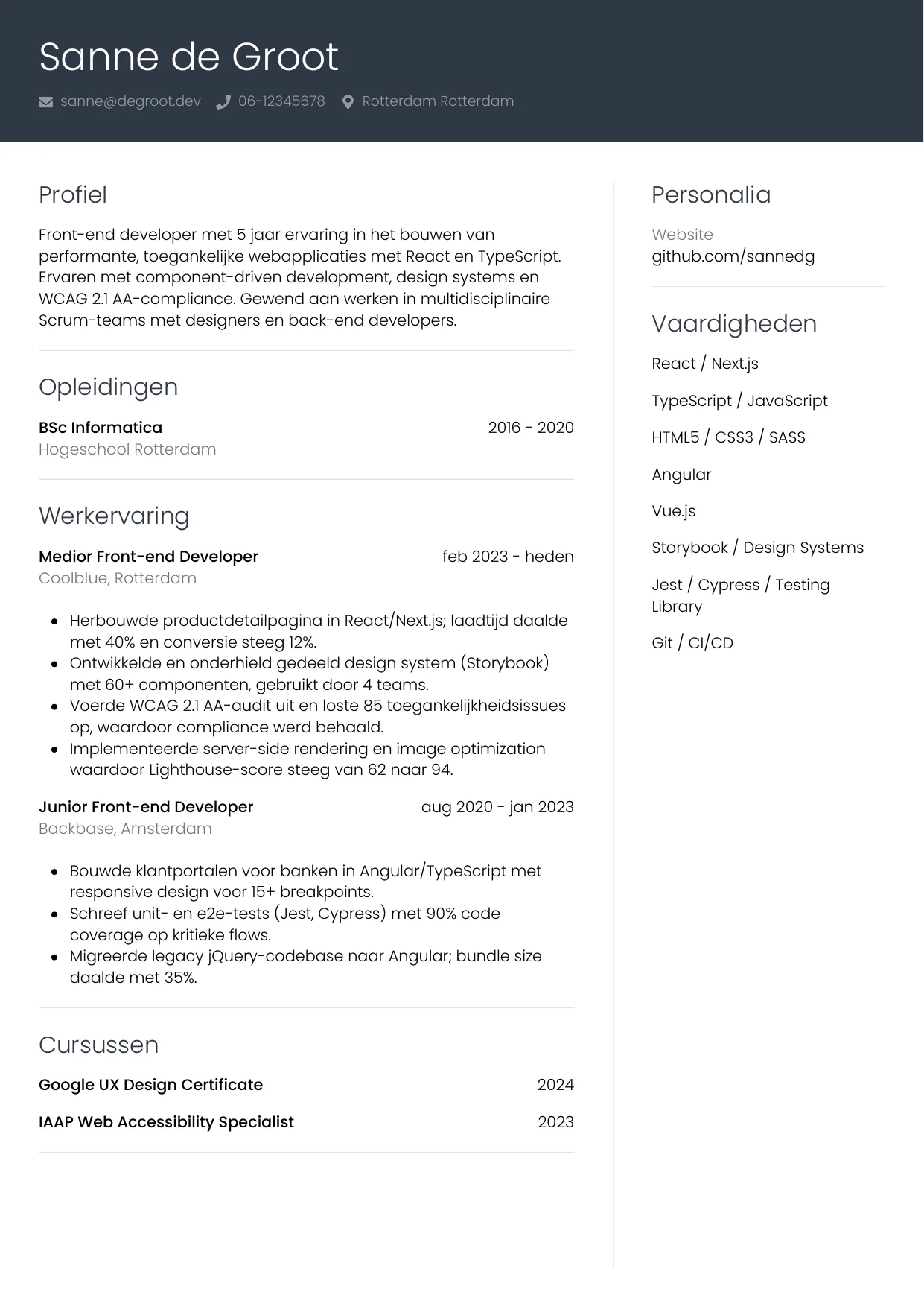 Voorbeeld CV voor front-end developer in template Professioneel. CV Professioneel voor front-end developer