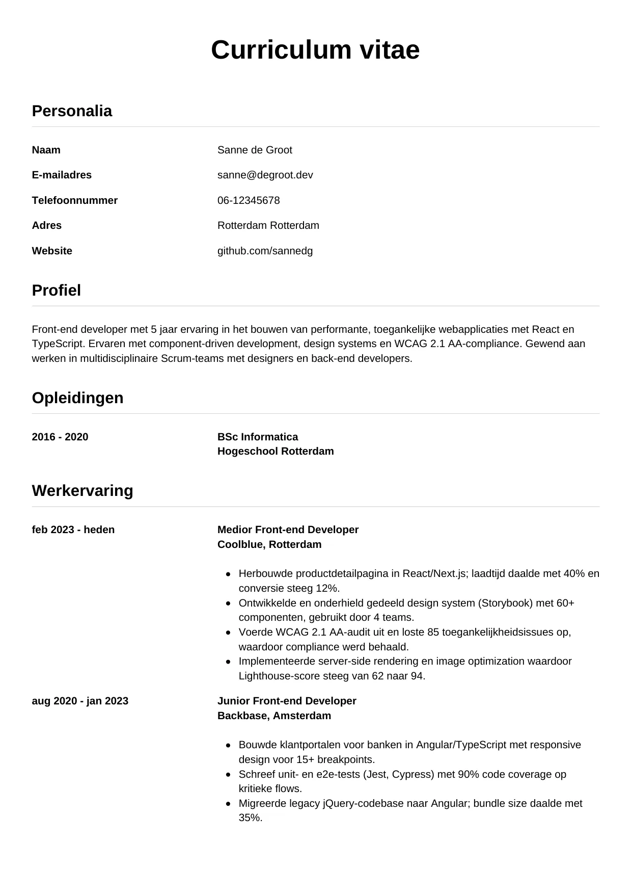 Voorbeeld CV voor front-end developer in template Simpel. CV Simpel voor front-end developer