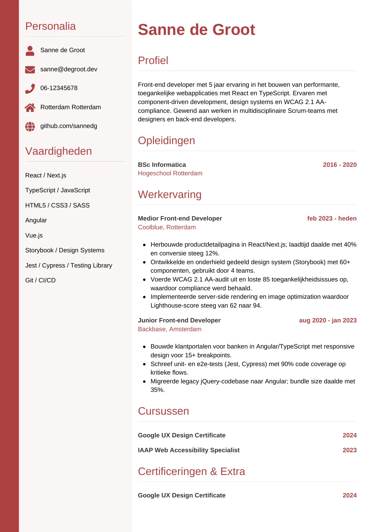Voorbeeld CV voor front-end developer in template Verticaal. CV Verticaal voor front-end developer