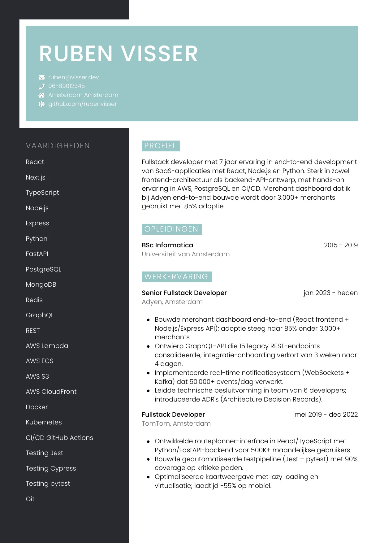 CV Elegant voor fullstack developer