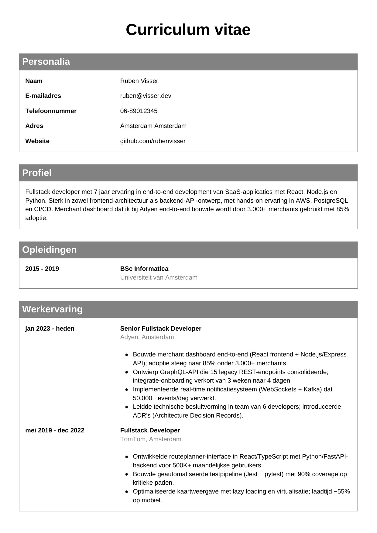 CV Klassiek voor fullstack developer