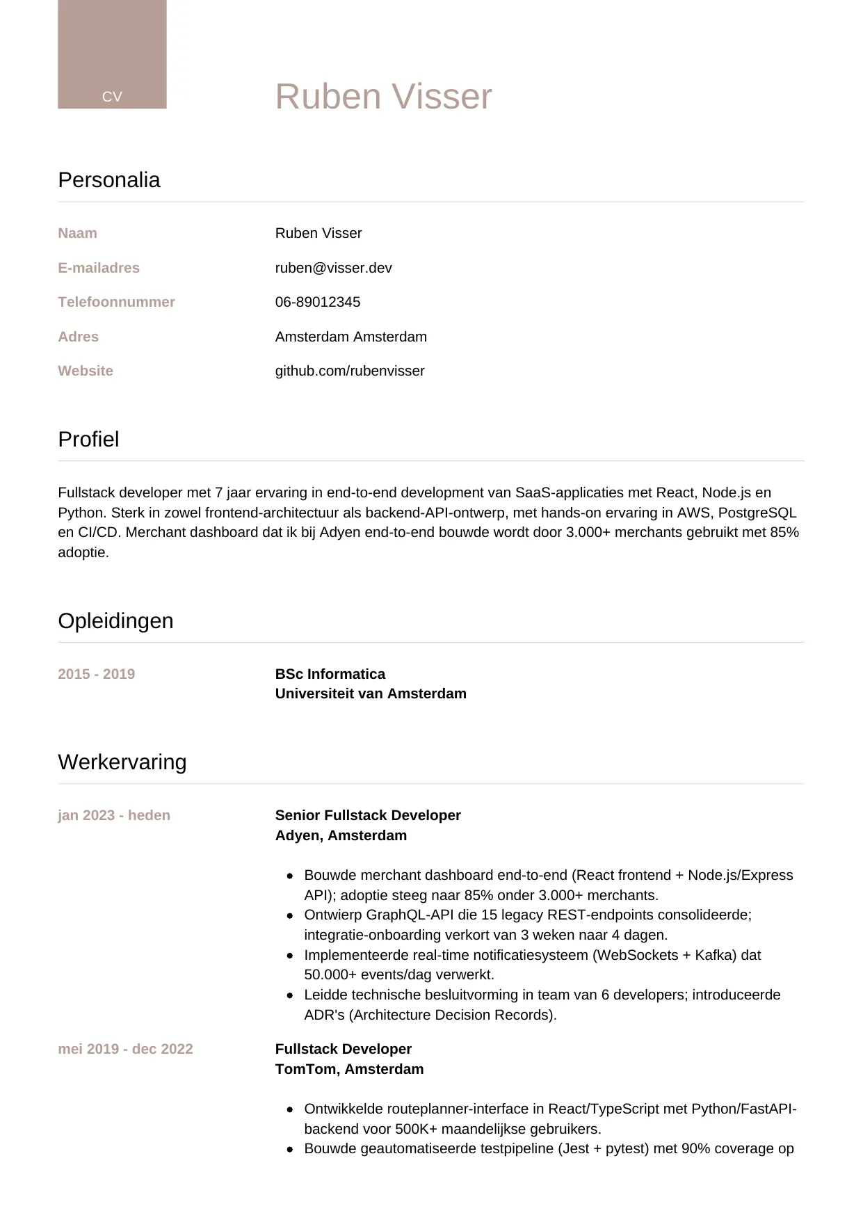 CV Luxe voor fullstack developer