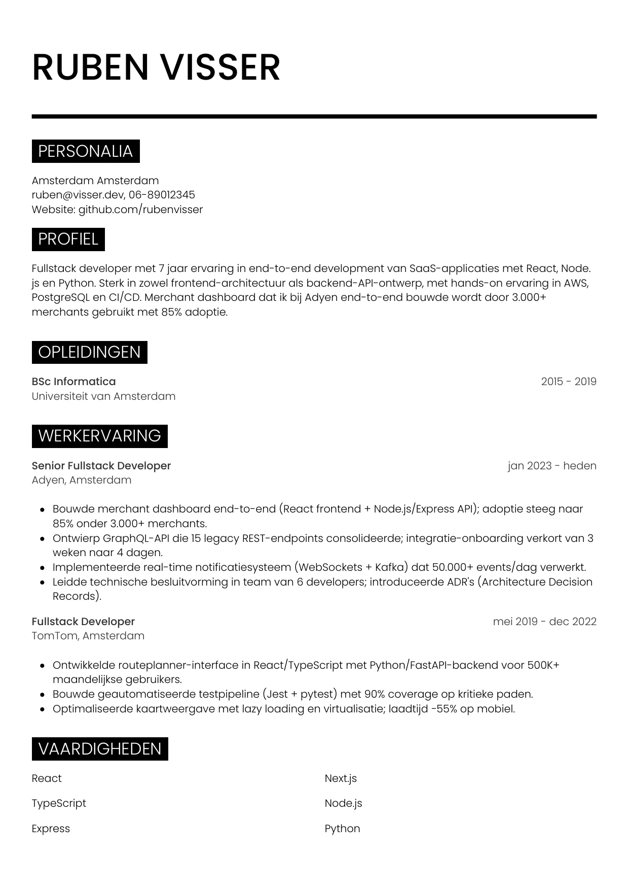CV Metro voor fullstack developer