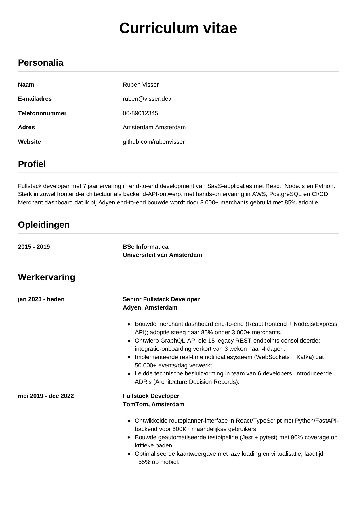 CV Simpel voor fullstack developer