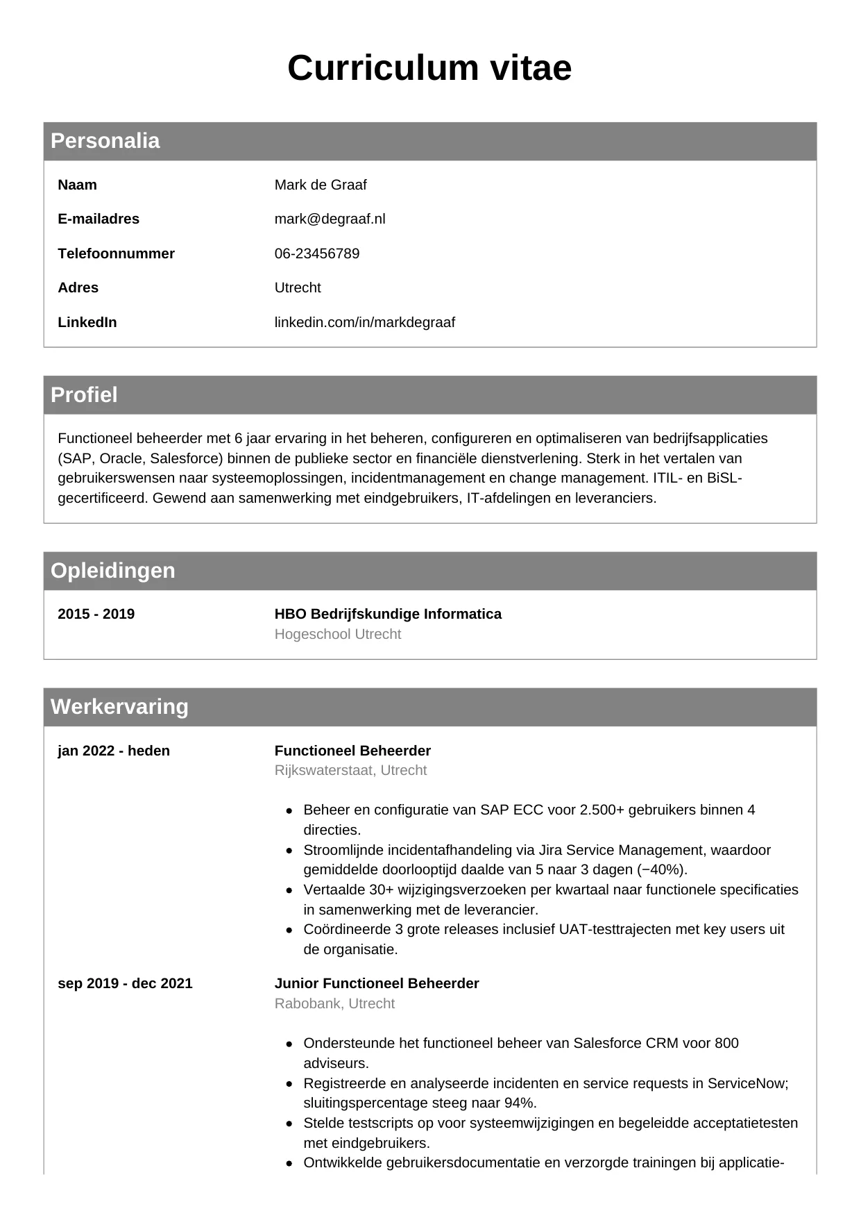 CV Klassiek voor functioneel beheerder
