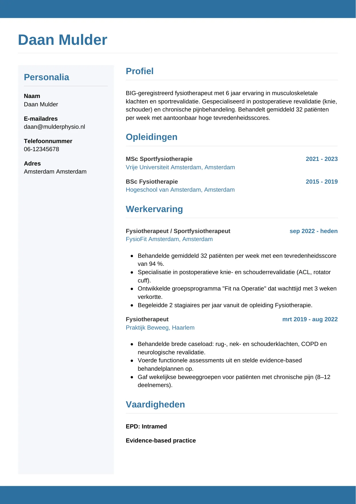 CV Horizontaal voor fysiotherapeut