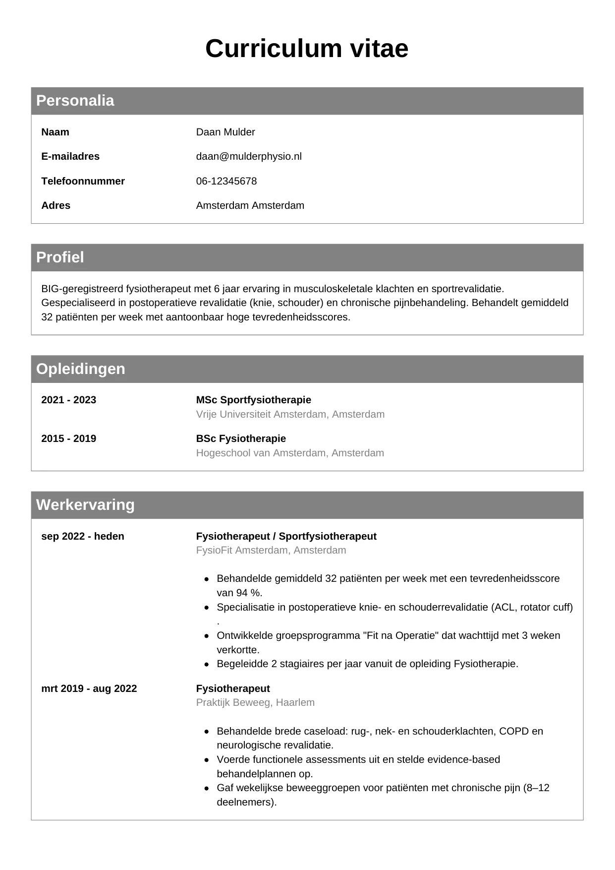 CV Klassiek voor fysiotherapeut