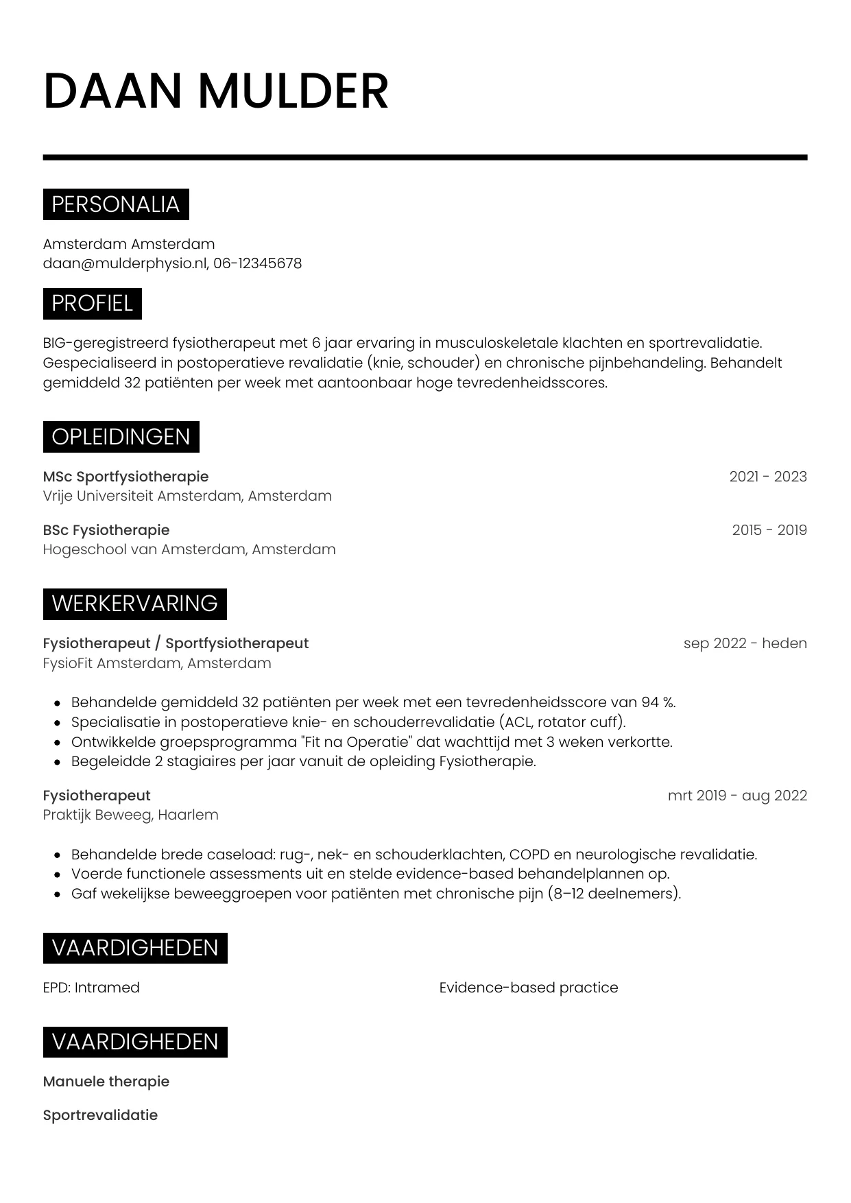 CV Metro voor fysiotherapeut