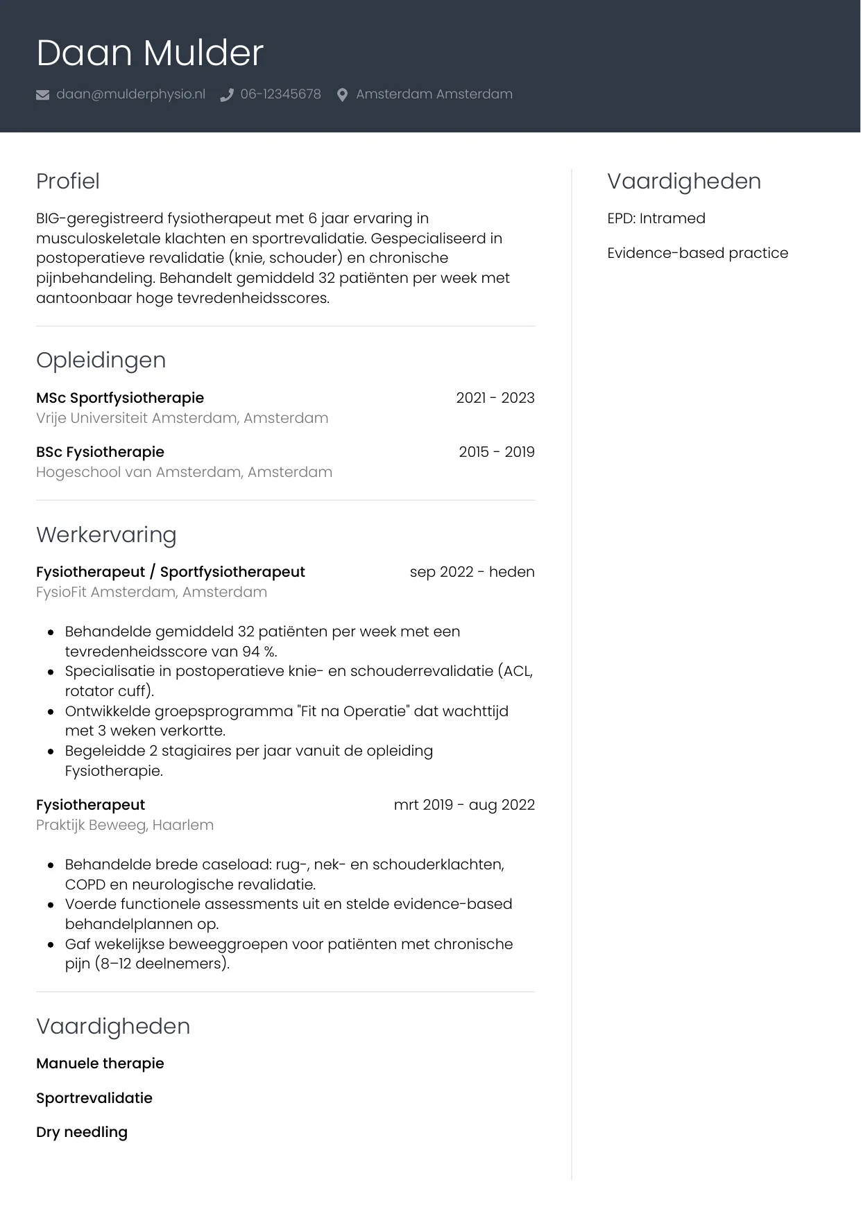 CV Professioneel voor fysiotherapeut