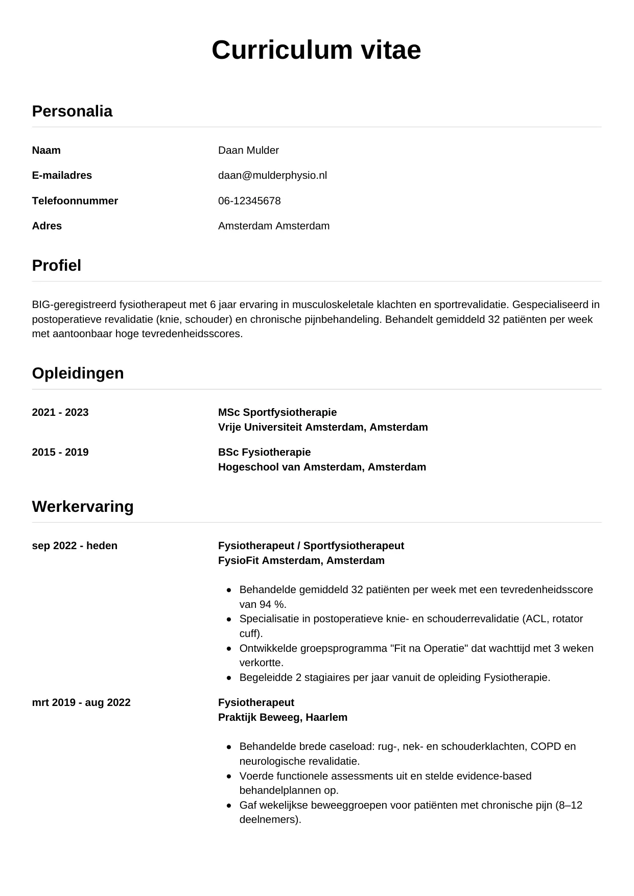 CV Simpel voor fysiotherapeut
