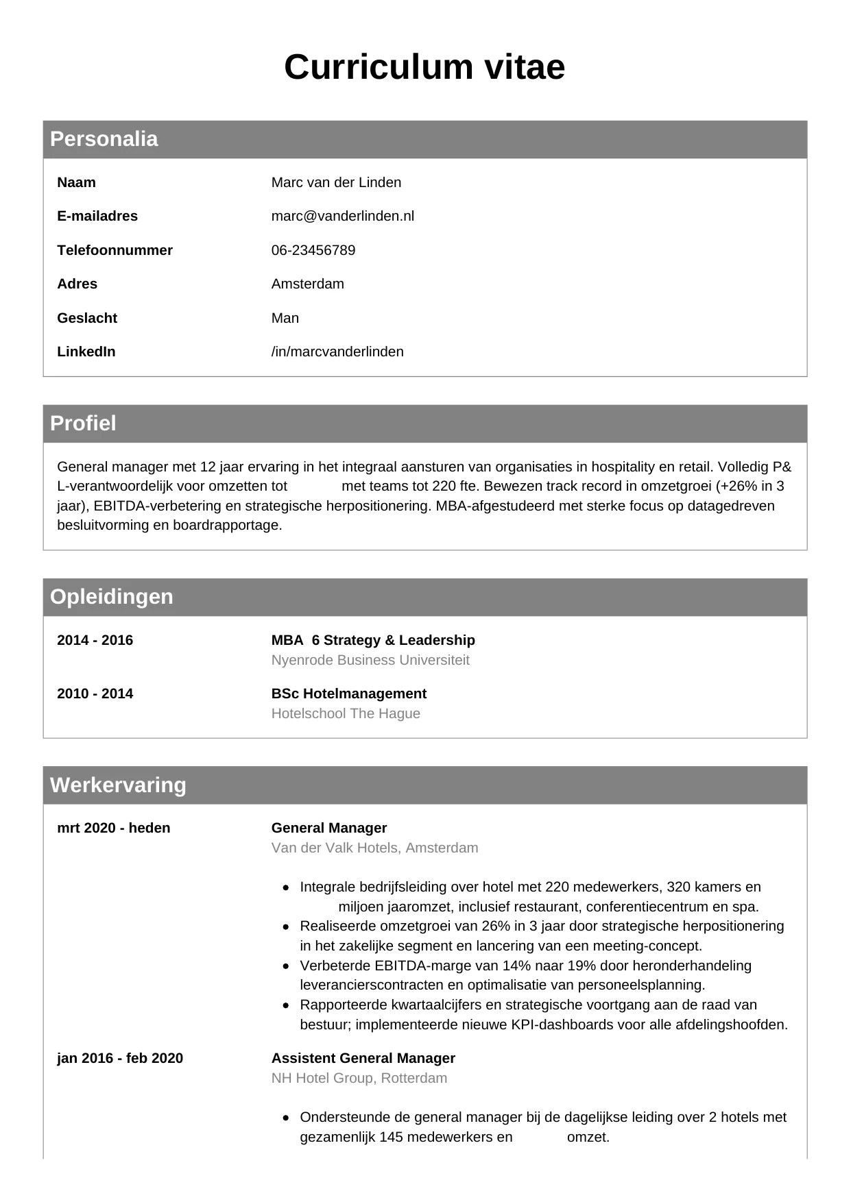 CV Klassiek voor general manager