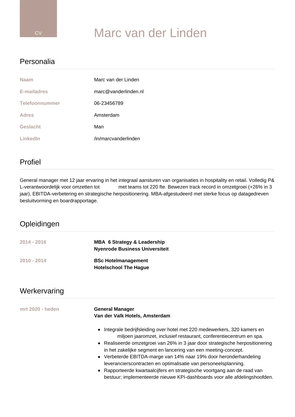 CV Luxe voor general manager
