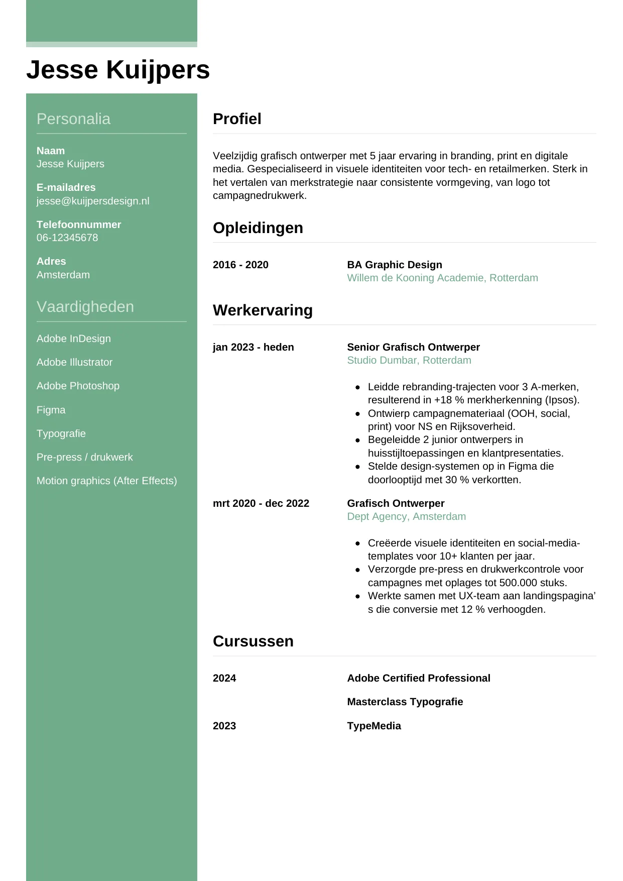 Voorbeeld CV voor grafisch ontwerper in template Casual. CV Casual voor grafisch ontwerper