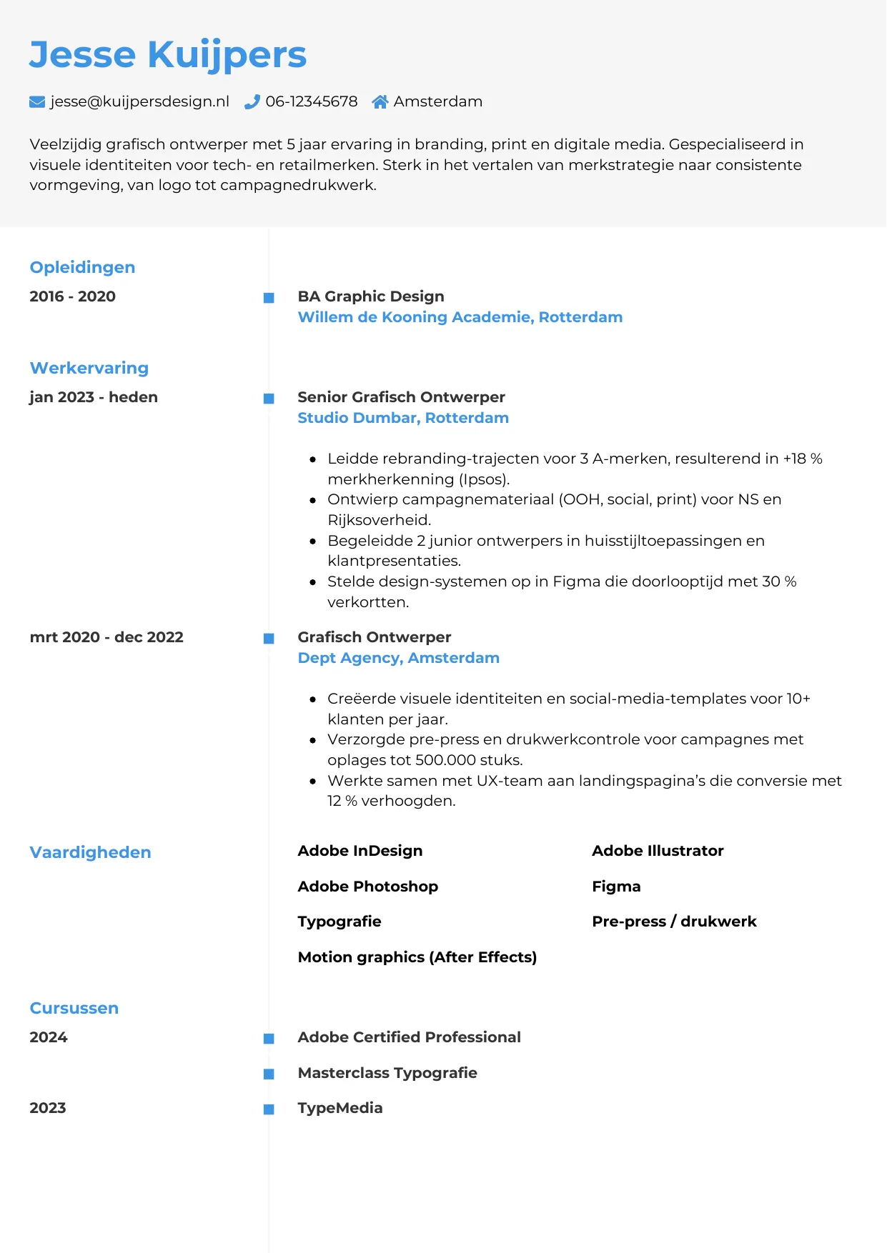 Voorbeeld CV voor grafisch ontwerper in template Chrono. CV Chrono voor grafisch ontwerper