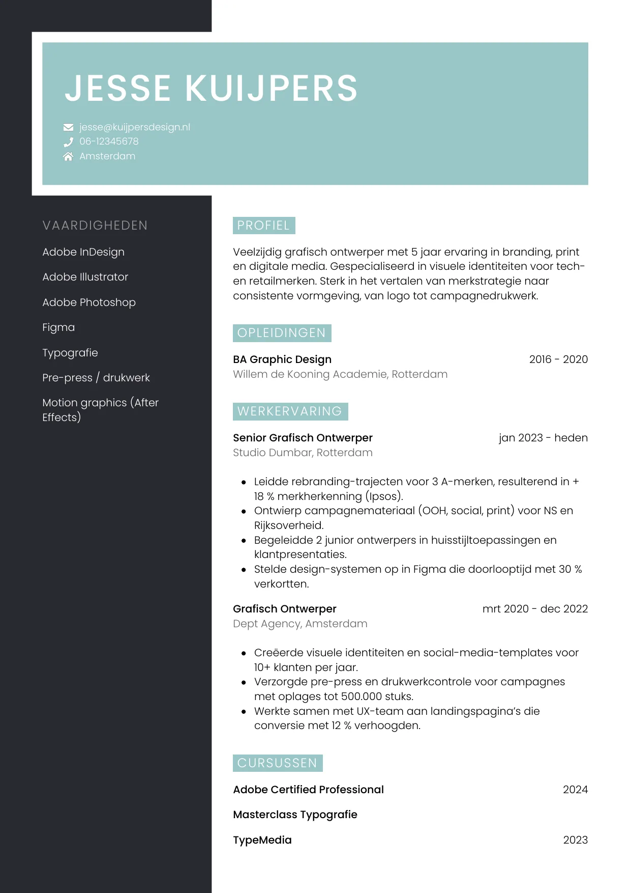 Voorbeeld CV voor grafisch ontwerper in template Elegant. CV Elegant voor grafisch ontwerper