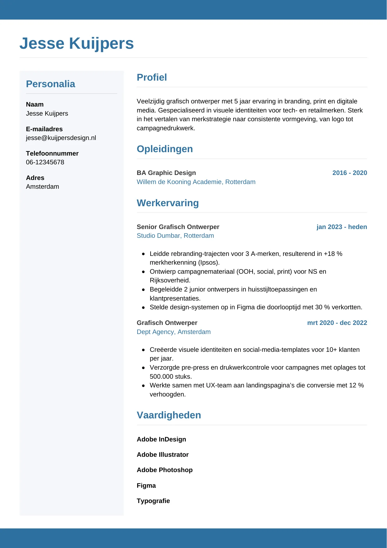 Voorbeeld CV voor grafisch ontwerper in template Horizontaal. CV Horizontaal voor grafisch ontwerper