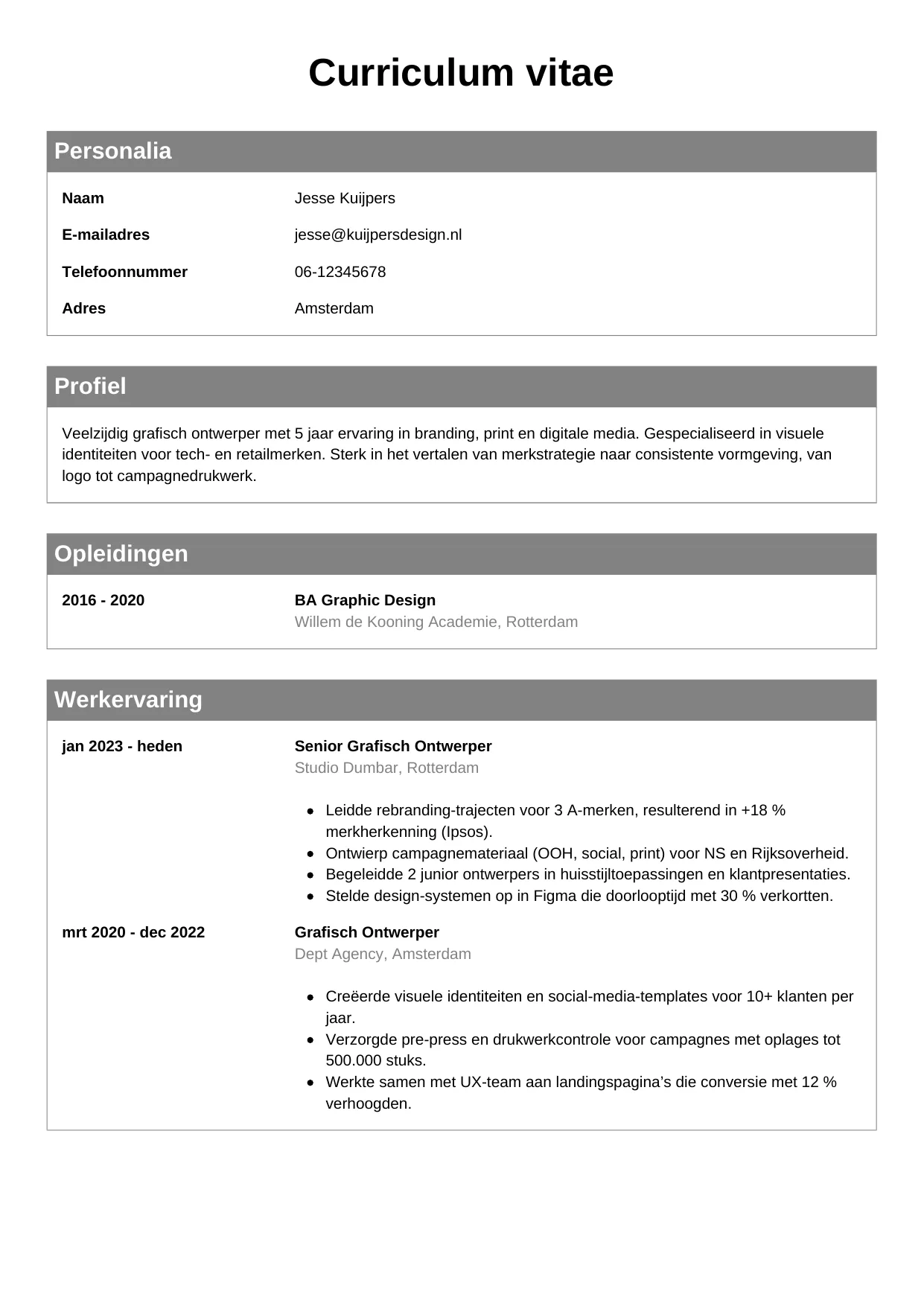 Voorbeeld CV voor grafisch ontwerper in template Klassiek. CV Klassiek voor grafisch ontwerper