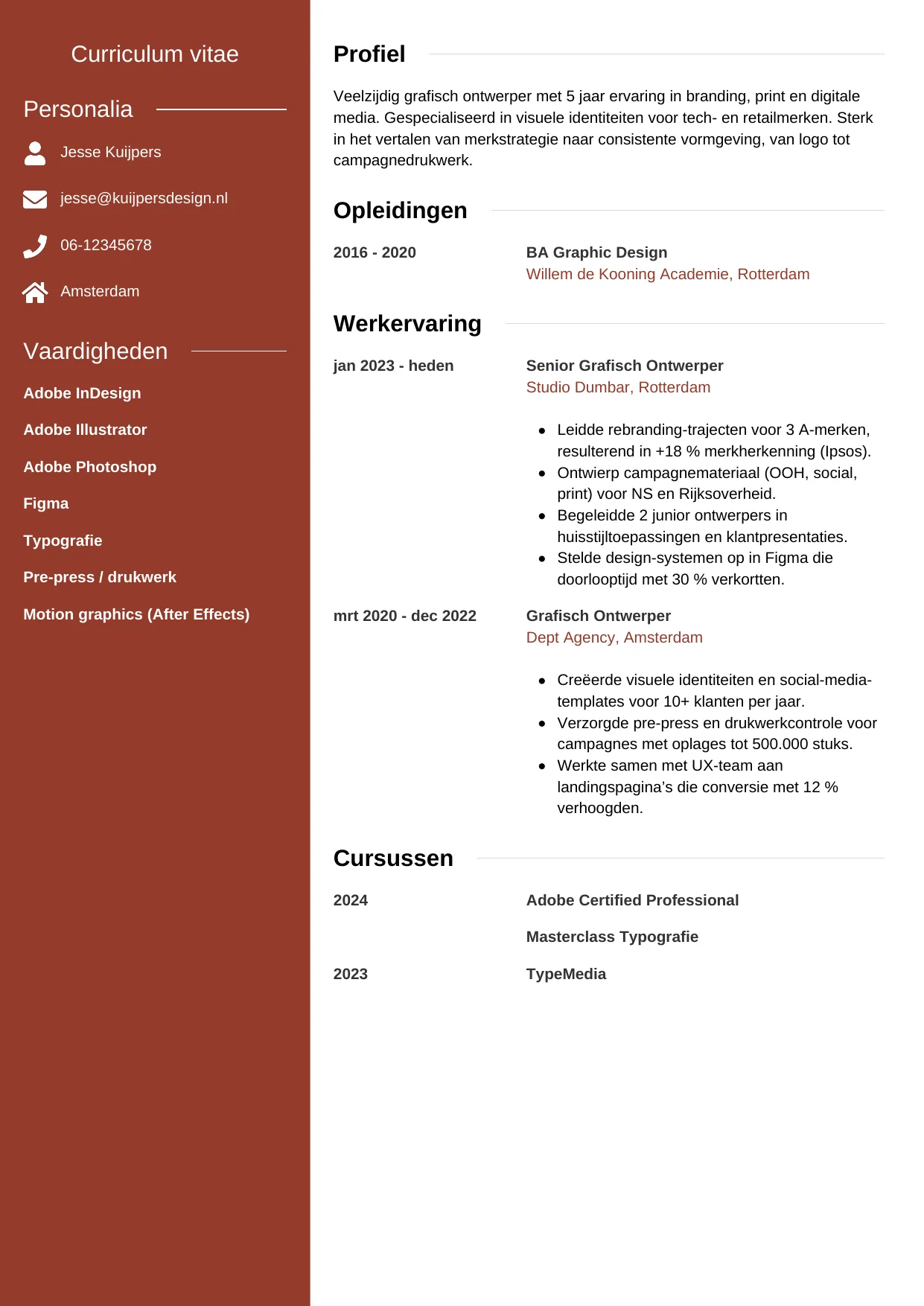 Voorbeeld CV voor grafisch ontwerper in template Modern. CV Modern voor grafisch ontwerper