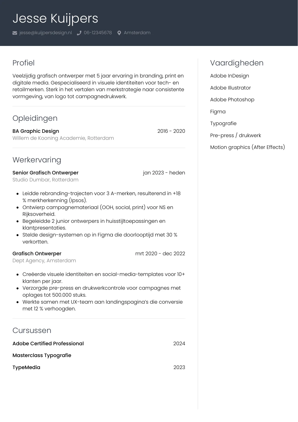 Voorbeeld CV voor grafisch ontwerper in template Professioneel. CV Professioneel voor grafisch ontwerper