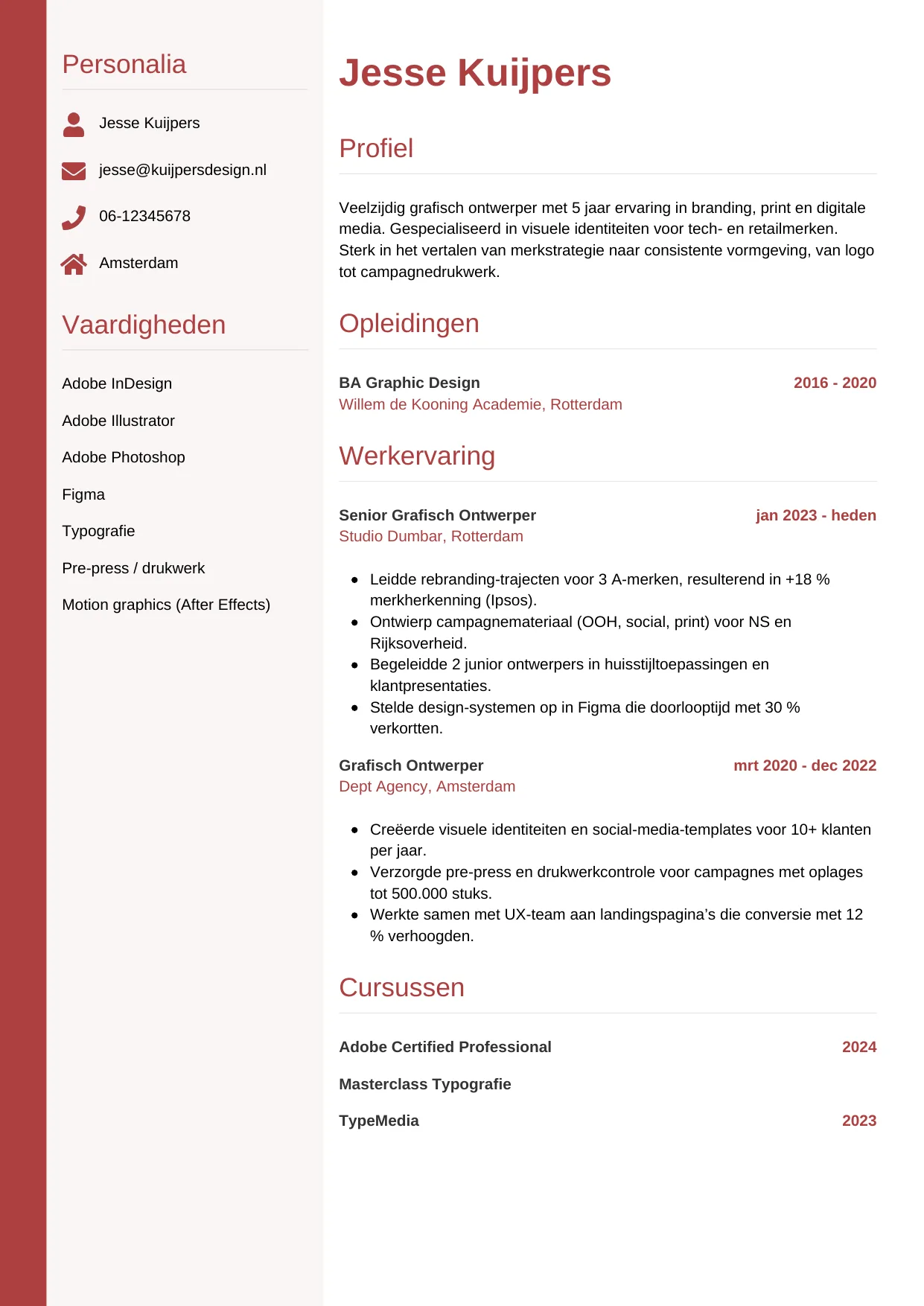 Voorbeeld CV voor grafisch ontwerper in template Verticaal. CV Verticaal voor grafisch ontwerper