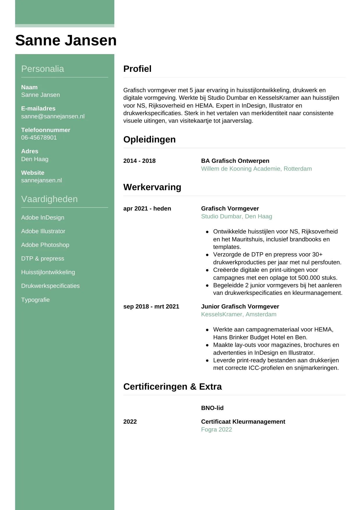 Voorbeeld CV voor grafisch vormgever in template Casual. CV Casual voor grafisch vormgever