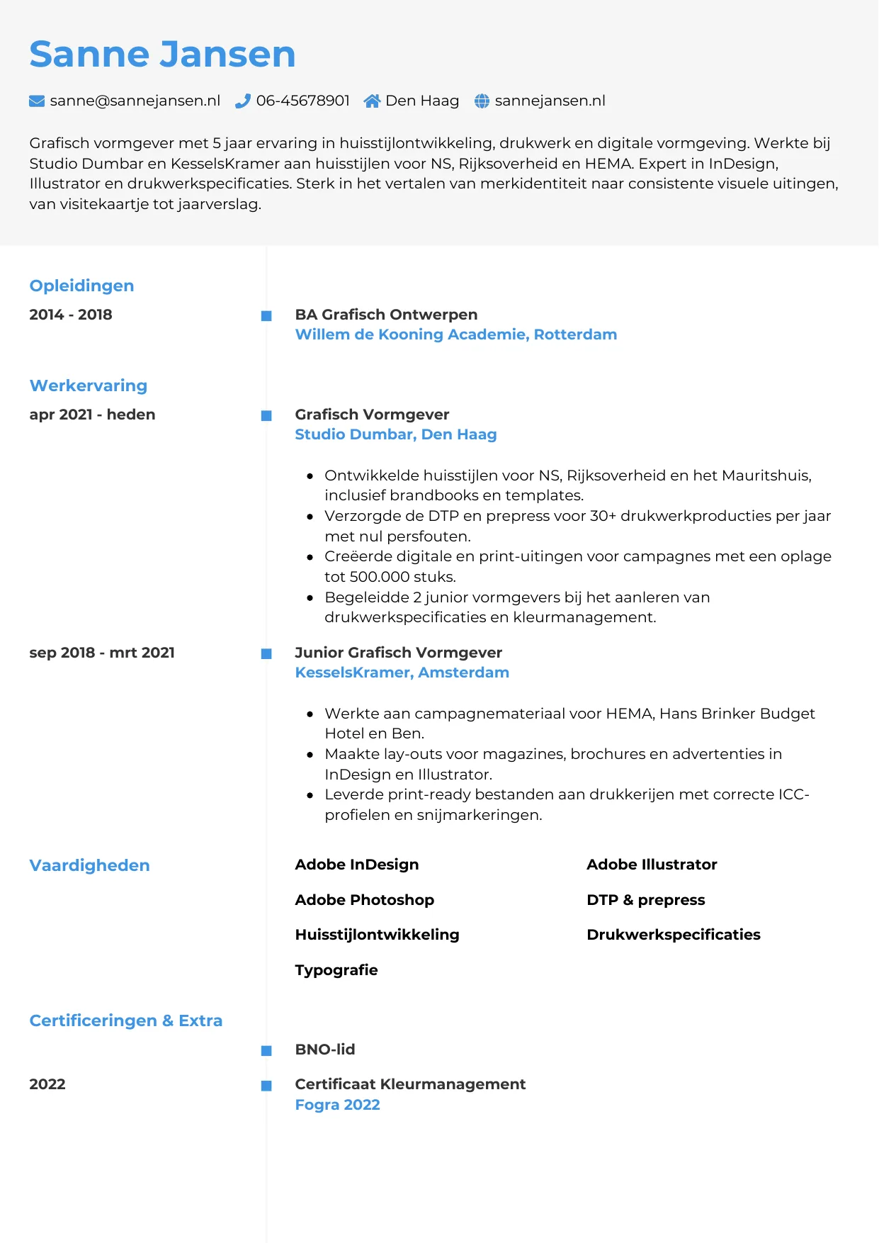 Voorbeeld CV voor grafisch vormgever in template Chrono. CV Chrono voor grafisch vormgever