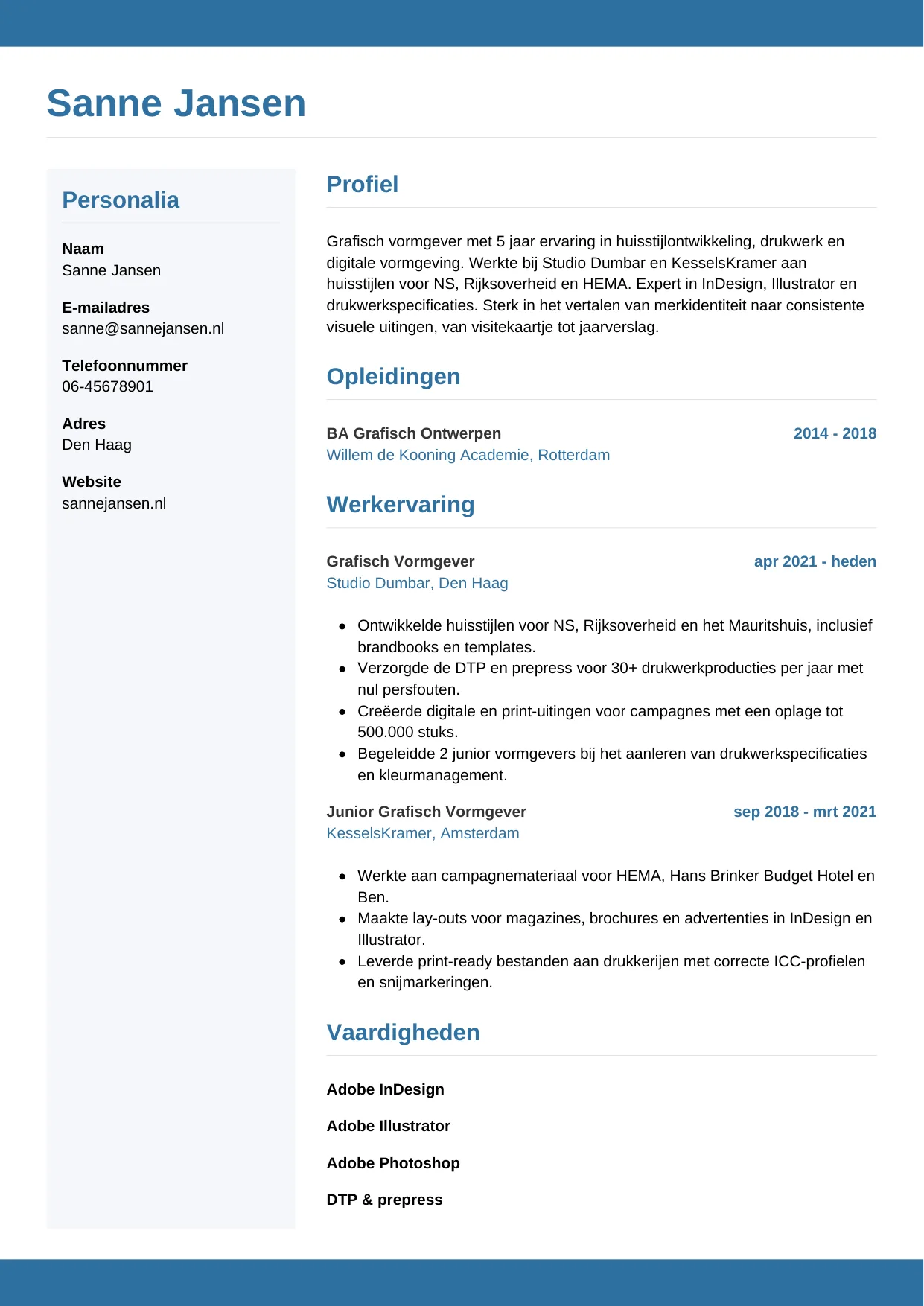 Voorbeeld CV voor grafisch vormgever in template Horizontaal. CV Horizontaal voor grafisch vormgever