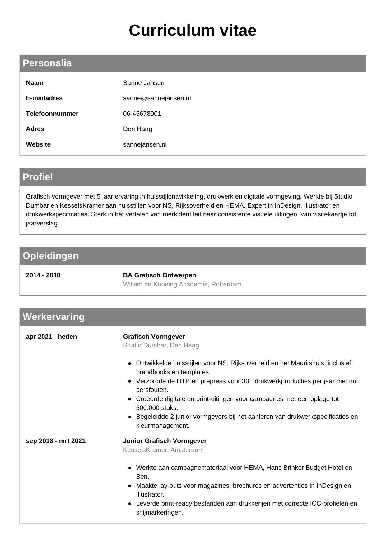 Voorbeeld CV voor grafisch vormgever in template Klassiek. CV Klassiek voor grafisch vormgever